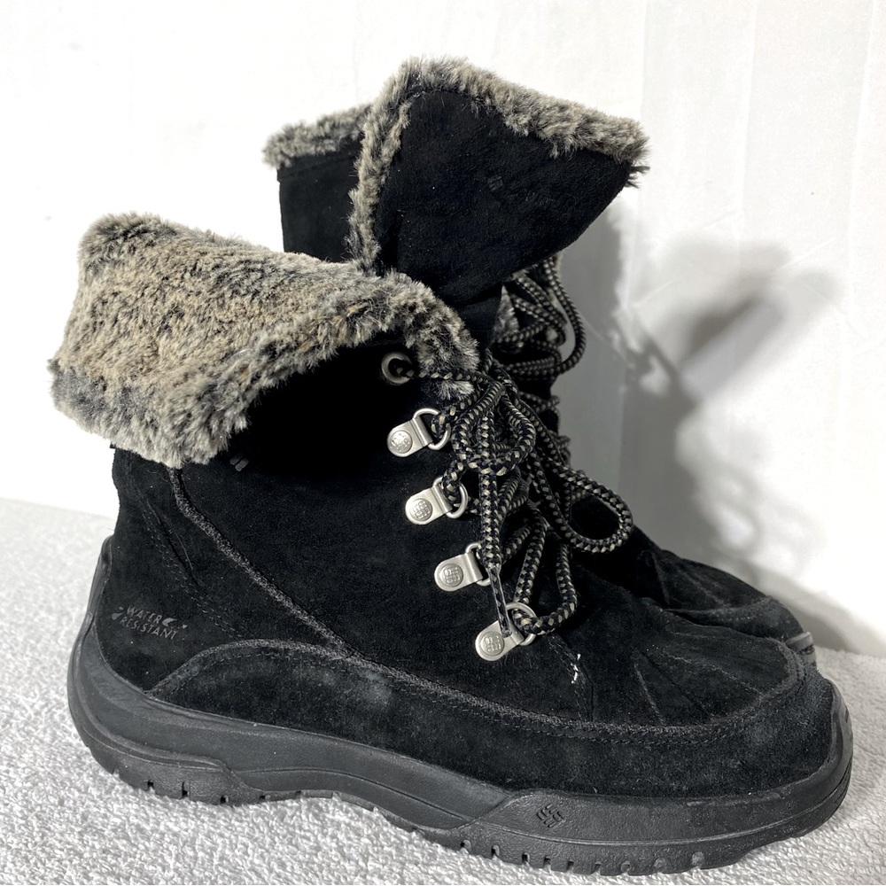Columbia Black Suede Leather Lace Up Mid Calf Foldover Boots 7